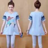 潮妈卡通印花短袖 韩版 t恤百搭外穿两件套潮 2023新款 孕妇上衣夏装