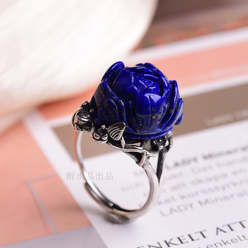 天然青金石牡丹花戒指女款活口可调节925银镶嵌指环戒圈 Y223