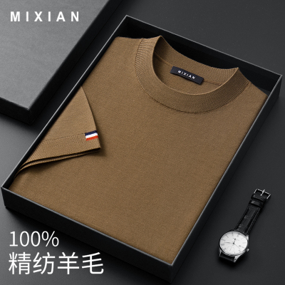 薄款精纺短袖羊毛衫男100纯x羊毛圆领毛衣男士中年针织打底衫春秋