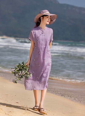 紫色高级感d苎麻刺绣连衣裙夏季年轻款妈妈气质复古新中式改良旗