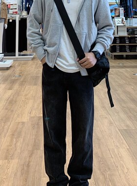 日系复古黑灰色直筒牛仔裤男水洗百搭宽松阔N腿堆积感裤子潮牌高