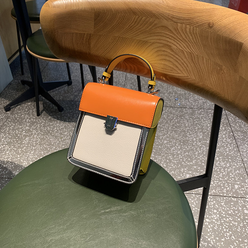 高级感订制时尚拼色迷你小方包2023新款个性撞色单肩斜挎牛皮小包