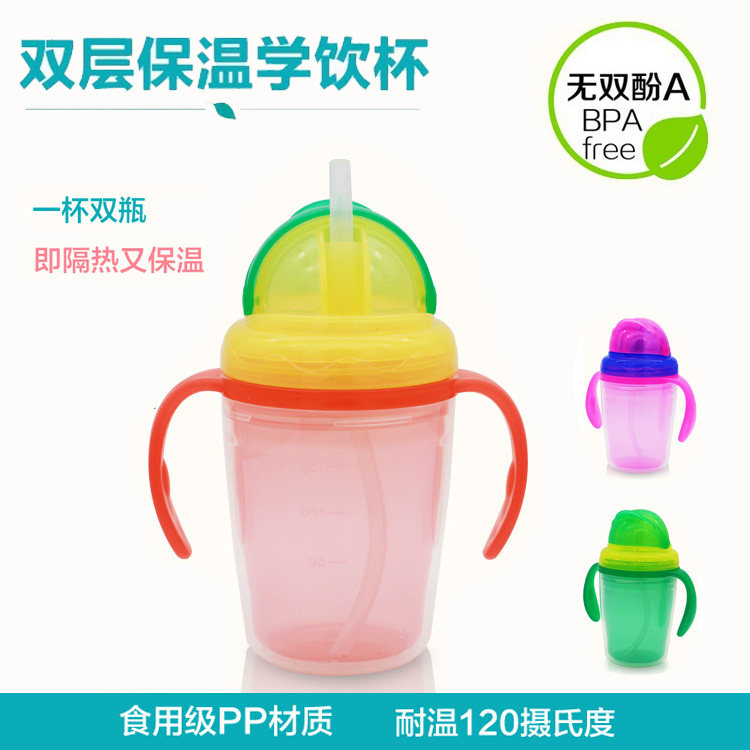 双层隔热保温水杯宝宝喝水杯带手柄儿童学饮杯婴儿吸管杯训练水杯,婴童用品,儿童水杯,淘宝优惠券,粉丝福利购,淘宝优惠卷