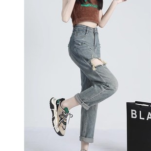 休闲宽松显瘦小个子九分Y老爹萝卜 女夏季 复古薄款 破洞哈伦牛仔裤