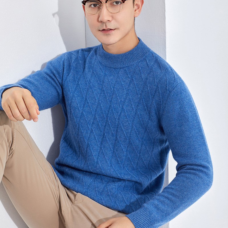 2023新款加厚斜纹半高领羊绒衫男10FG0%纯羊绒时尚百搭针织打底毛