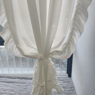 法式荷叶边小新奶油风白纱透光透人纱帘免打孔客厅卧室门半帘