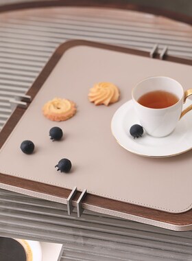 现代胡桃木皮革方形圆形托盘置物创意桌面装饰品样板间