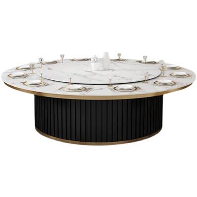 酒店电动餐桌转盘带电磁炉火锅大理石圆形岩板大圆桌