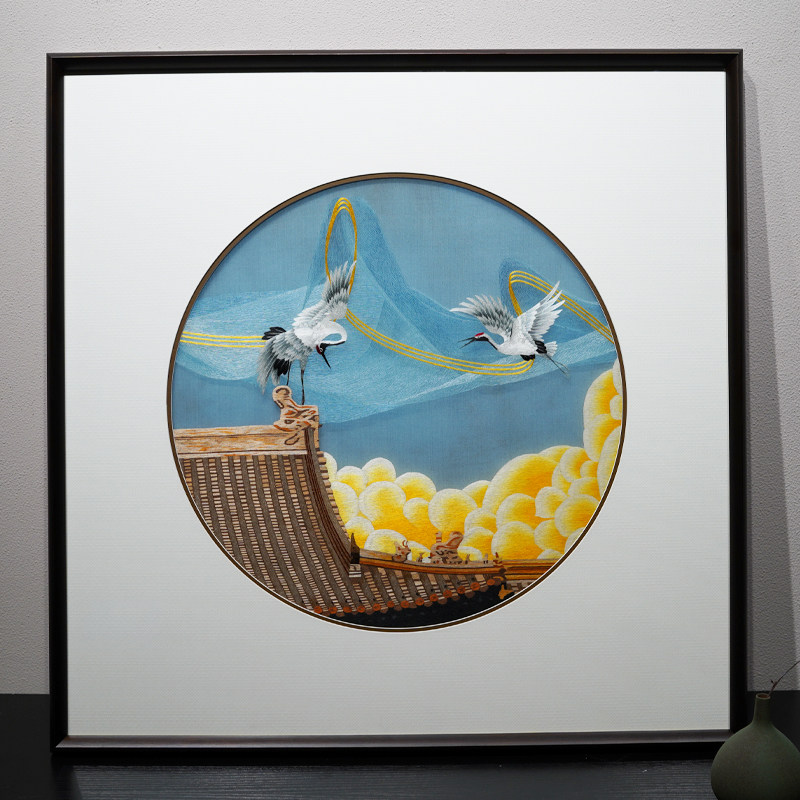 新瑞鹤图客厅饰画纯手工刺绣沙发背景墙电视墙挂画