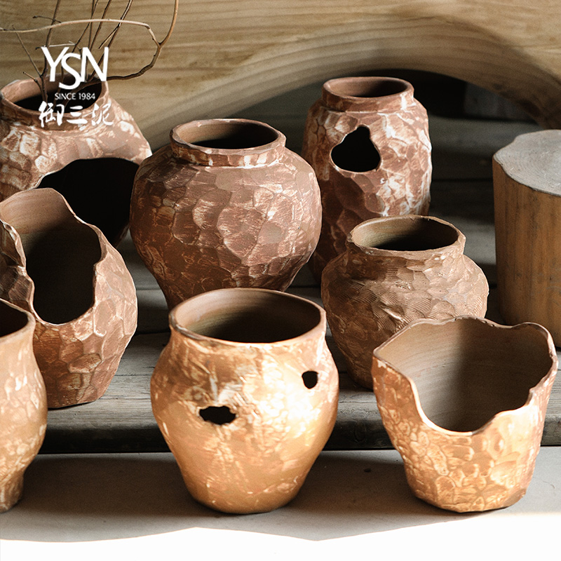 台面粗陶花瓶干花花瓶陶罐罐子陶瓷复古土陶粗糙感花盆摆件镂空瓶