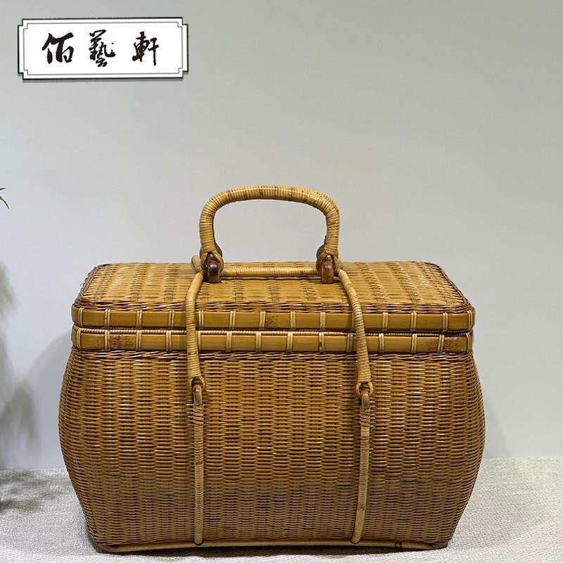 竹编手工茶箱食盒茶棚柜茶具收纳竹茶柜双层手提食盒复古怀旧篮子