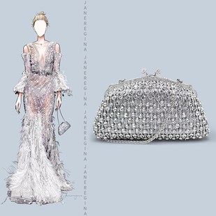 迷你银色水钻口金包高端小手包宴会搭配I旗袍 包包女晚礼服手拿