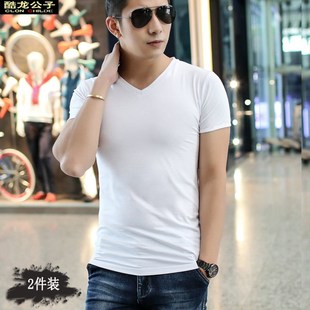 紧身衣服体恤鸡心纯棉打底衫 丅恤半袖 长 男tn恤修身 纯白色v领短袖