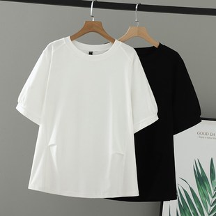 2025加肥加大码女装新款胖妹妹D夏装短袖女T恤压褶纯色圆领上衣