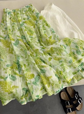 法式绿色碎花苎麻半身裙女夏季超仙垂感a字N伞裙中长款大摆裙子潮