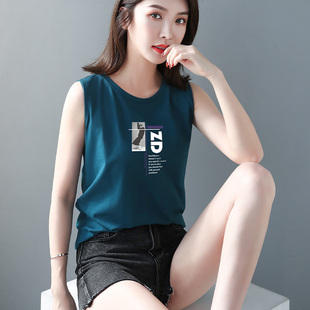 Ut恤打底衫 蓝色纯棉吊带背心女内搭夏季 无袖 纯色宽松大码 上衣 新款