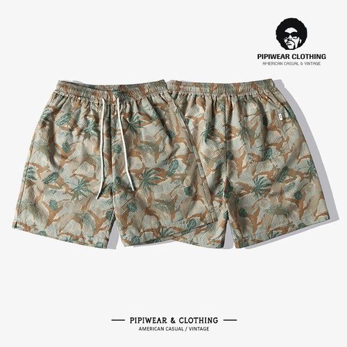 夏季日系凉c感泡泡纱休闲 短裤满印速干 乾直筒五分裤海边度