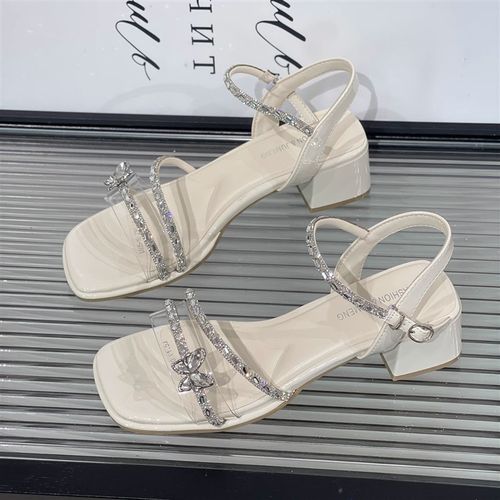 2025夏季e新款法式外穿水钻一字带凉鞋女百搭仙女风配裙子粗跟凉