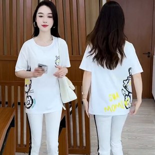 爆款 短袖 女装 20n24新款 洋气印花体恤显瘦遮肉宽松上衣服 女t恤夏装