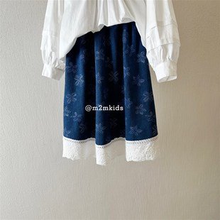 儿童复古长裙裙子牛仔裙花朵花边半身 洋气春装 2025b春季 女童韩版