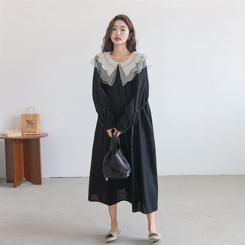 双层领~孕妇春装过膝长裙韩系棉麻E连衣裙长款宽松翻领大摆公主裙