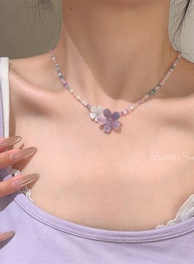 夏天紫色多巴胺花朵n水晶串珠项链女小众甜美配裙子锁骨链颈链配
