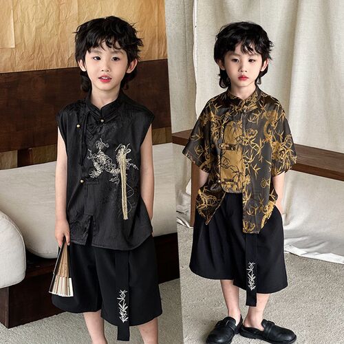 新中式男童国风马甲套装夏季男孩古风衬衫帅气汉服儿童走秀潮服酷