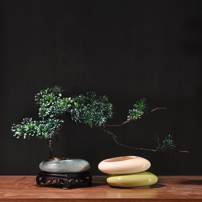 仿真迎客松盆景罗汉松假树绿植崖柏树小盆栽中式酒店桌面造景