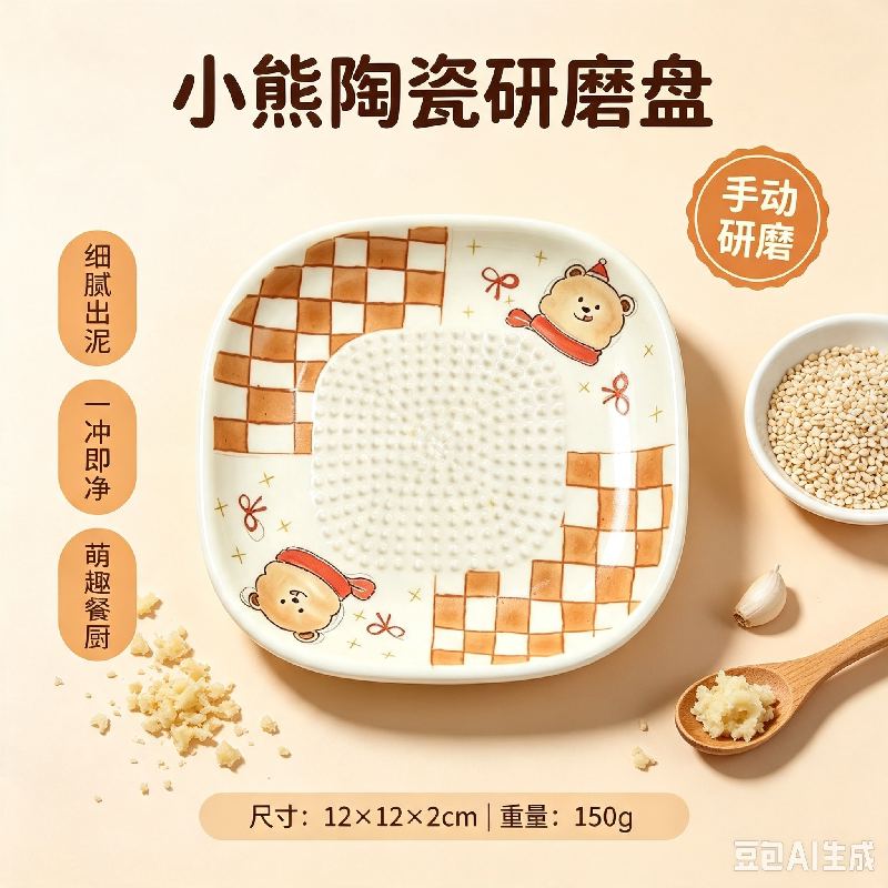 小熊格纹陶瓷研磨碟易清洗辅食