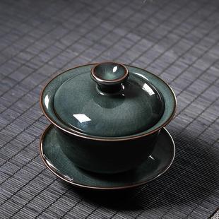 青瓷三才盖碗茶杯哥窑冰裂龙泉陶瓷泡茶功夫茶具复古汝窑家用大号