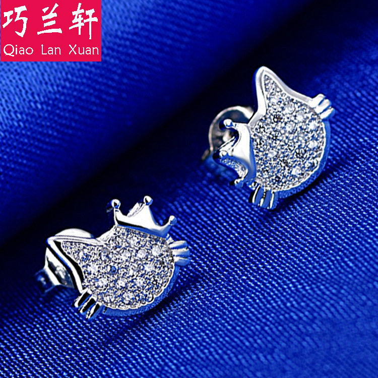 巧兰轩925纯银针可爱猫耳钉女