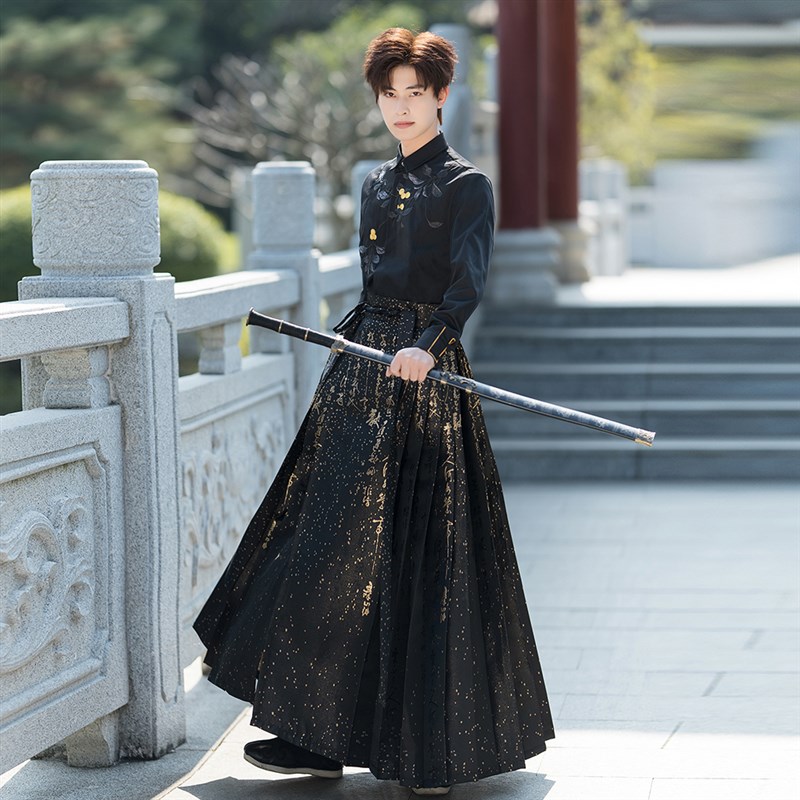 黑色中式上衣配马面裙龙年男士套装高级感改良日常武侠风新款汉服