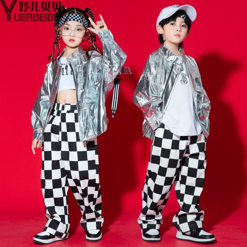 儿童元旦炫酷街舞演出服银色外套幼儿架子鼓吉他说唱表演服男女童