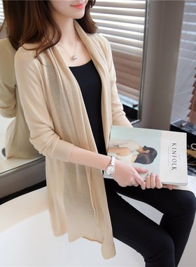 防晒开衫女薄款中长款针织衫空调衫灰色外套披肩春夏装2018新款女