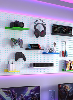 洞洞板电竞房墙上置物架书房电脑桌装饰书桌收纳架手办展示架定制