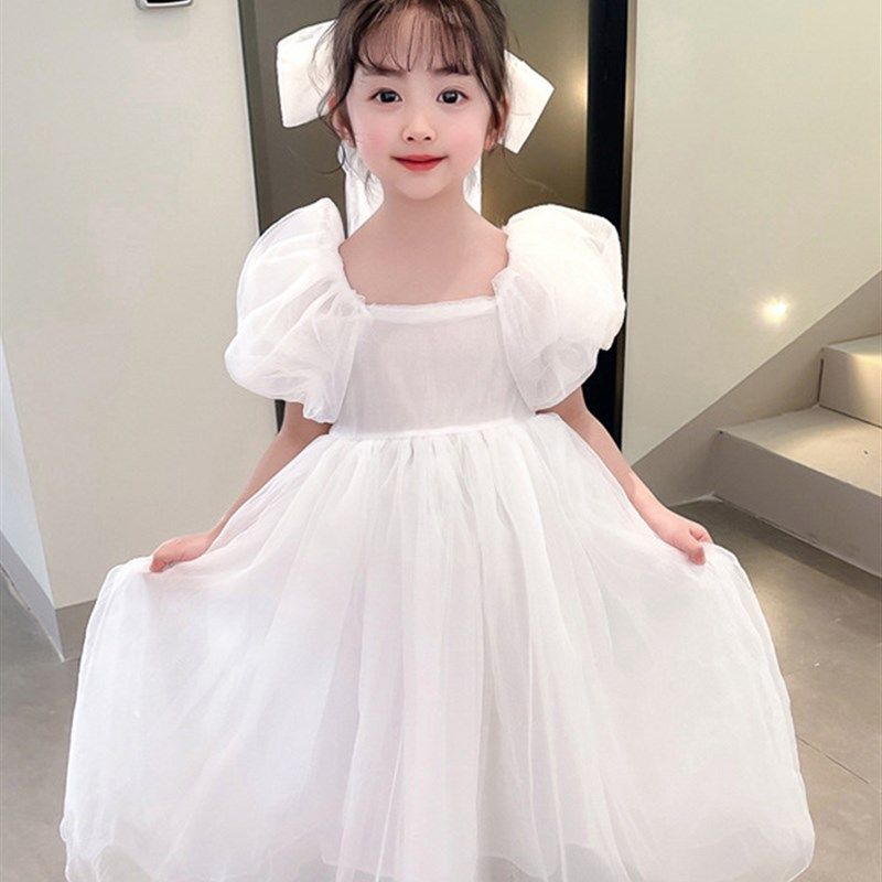 女童连衣裙夏装高级感洋气白色婚纱主持人礼服纱裙儿童生日公主裙
