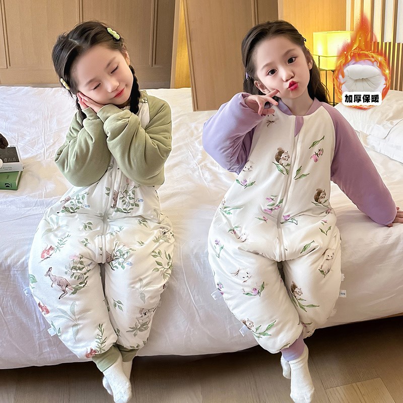 儿童薄棉包脚睡袋秋冬款男女宝宝加厚保暖分腿防踢被夹棉连体睡衣