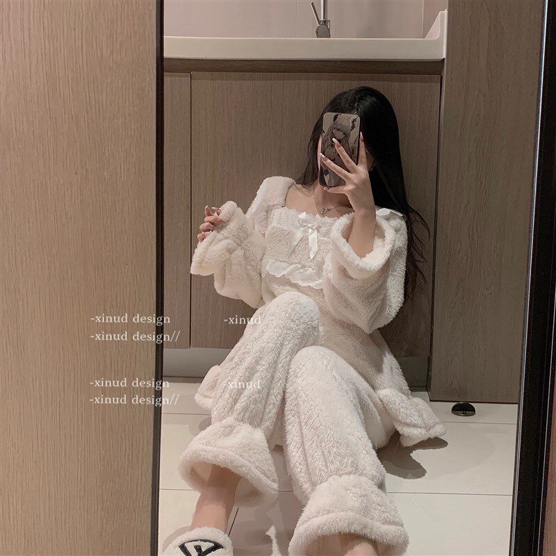 LA奶香嫩萝*宫廷风少女蕾丝家居服秋冬睡裙加绒保暖睡衣套装