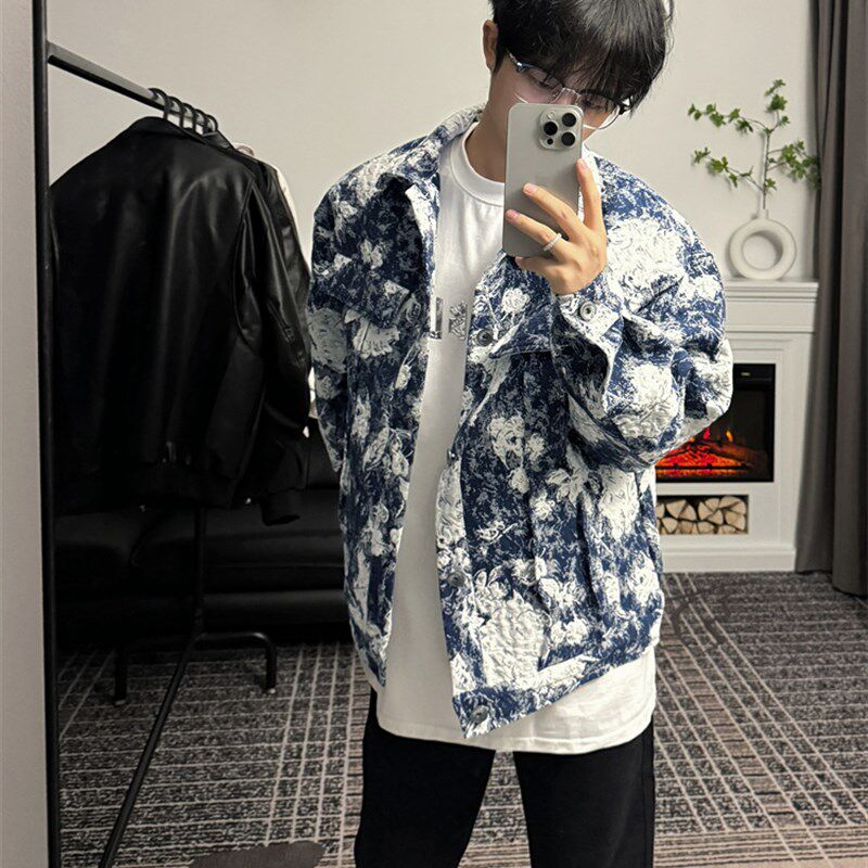 复古vintage提花短款垫肩牛仔外套男士高级设计感街头夹克衫褂子