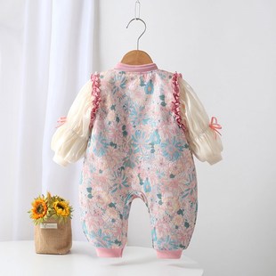 女宝宝秋冬衣服夹棉加厚国风喜庆婴儿冬装连体衣女孩礼服外出服