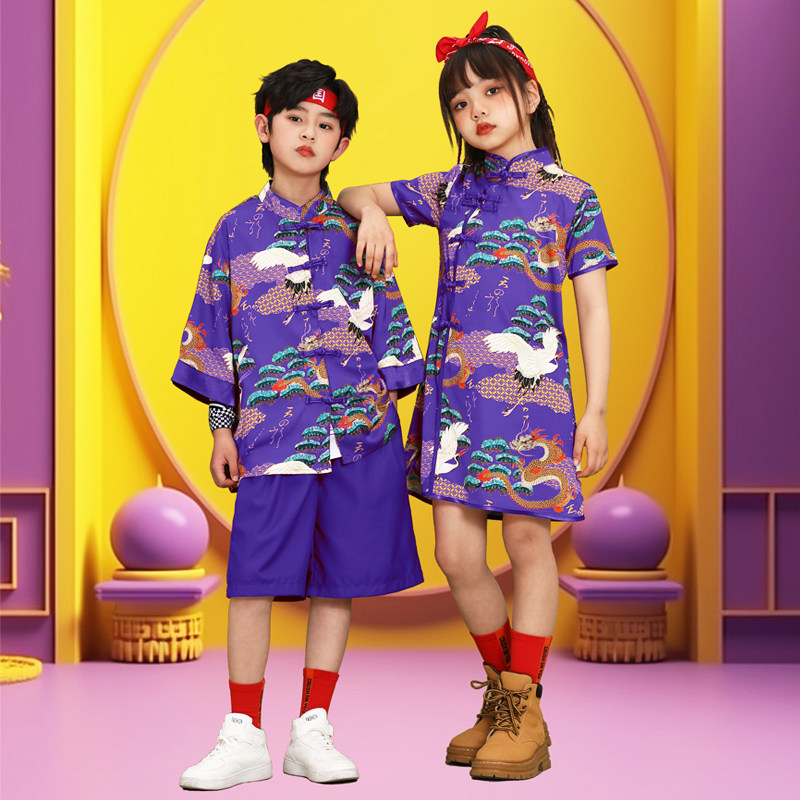 六一儿童啦啦队演出服女童旗袍短袖拉拉队合唱服男童架子鼓表演服