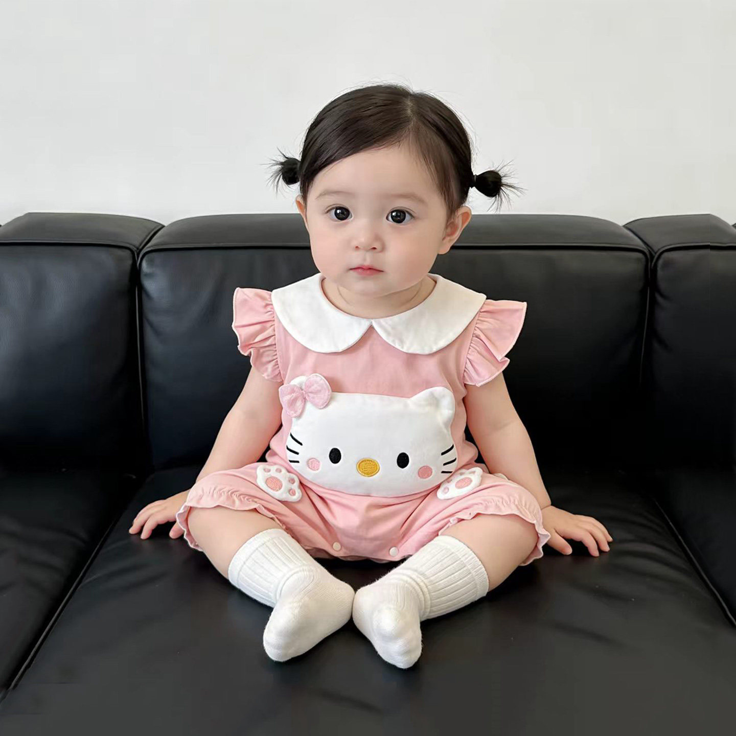 夏季女宝猫咪飞袖哈衣图片