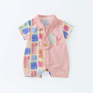 小月龄多巴胺穿搭婴儿连体衣夏薄款纯棉a类短袖衬衫韩系穿搭夏装