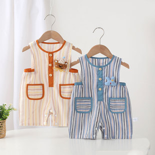 宝宝衣服夏薄款男无袖哈衣可爱超萌夏季婴儿连体衣夏装男宝痞帅风