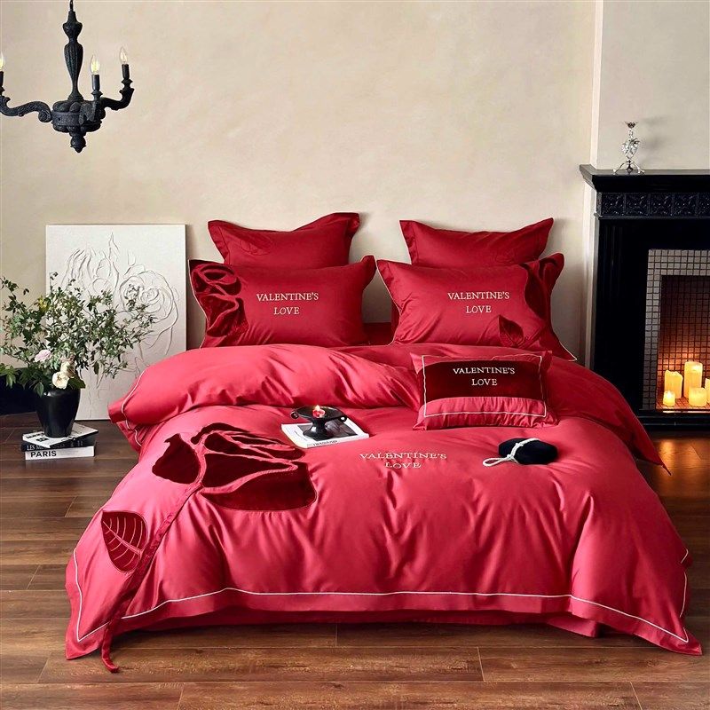 100支婚庆全棉长绒棉四件套纯棉红色被套结婚房喜被新婚床上用品
