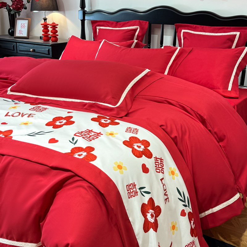 100支长绒棉结婚四件套大红色全棉陪嫁喜被套床单床上用品