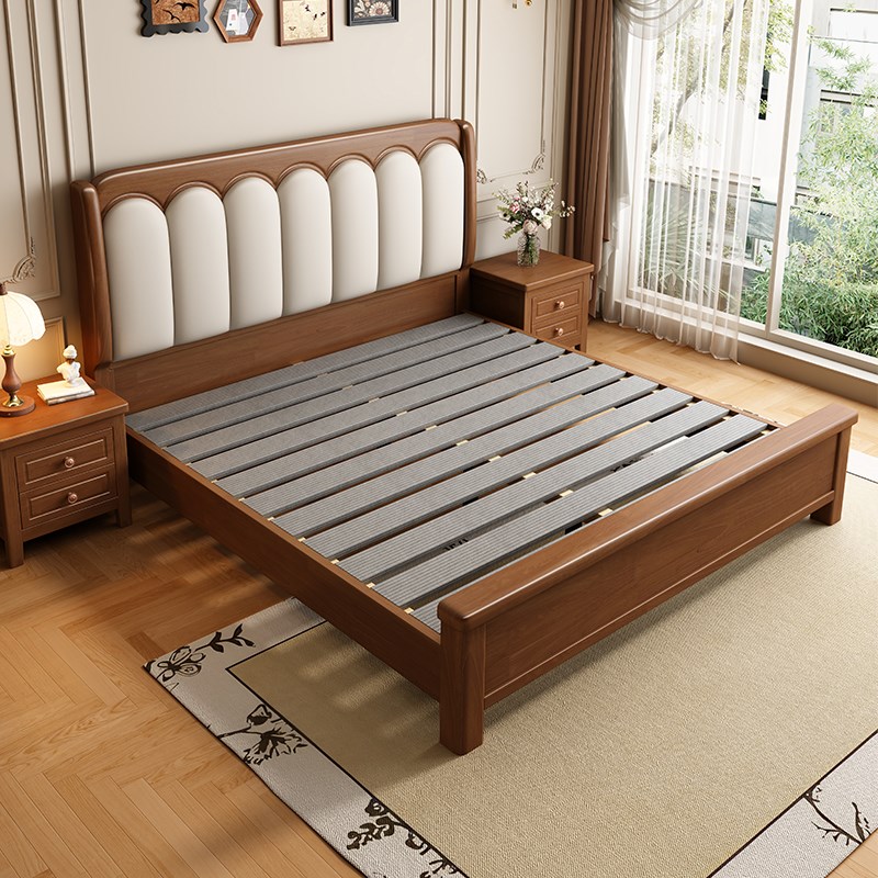 法式中古胡桃木色实木床1.5米单人1.8米双人床主卧大床卧室储物床