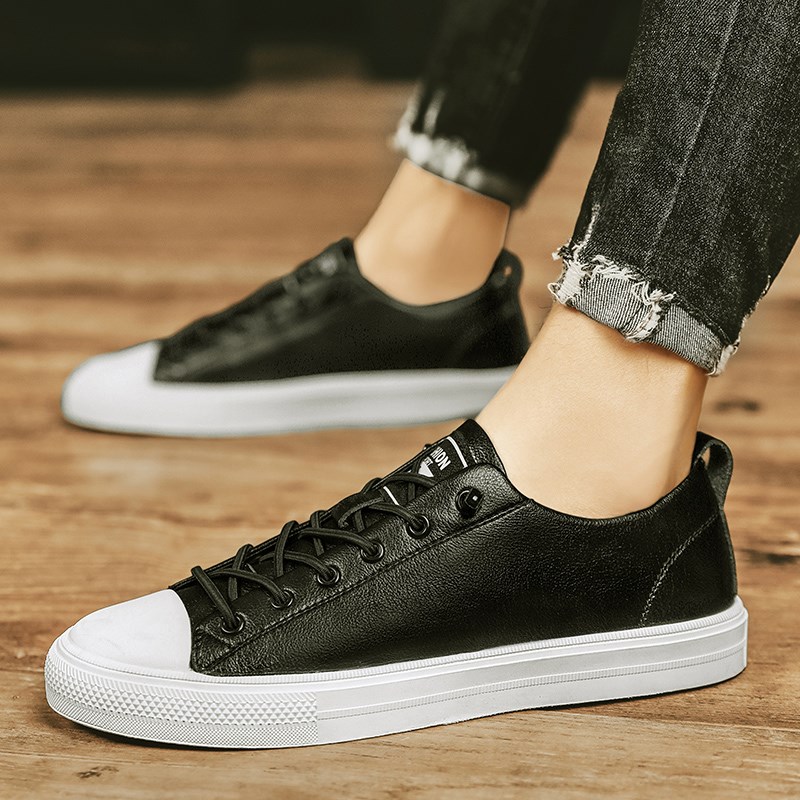 春夏季白底黑面男款青年皮面休闲鞋透气单层软皮板鞋百搭潮流皮鞋