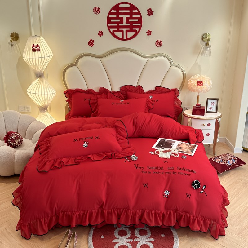 公主风纯棉水洗棉大红色结婚床上四件套韩式床裙婚庆陪嫁花边被套