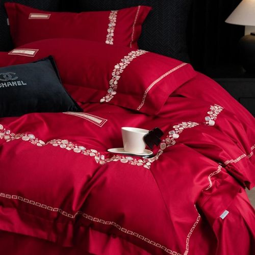 高级感简约100全棉婚庆四件套纯棉刺绣大红色结婚房被套床上用品4